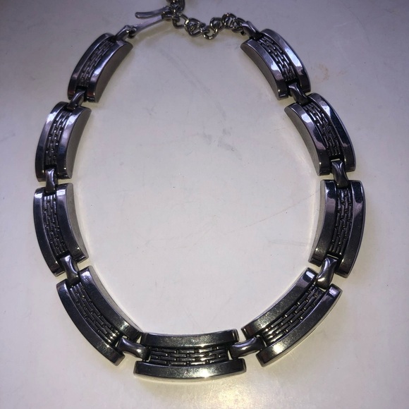 Stylish Silver Collar Necklace , Serious Modernist Chromed Steel Link Necklace - Picture 5 of 5